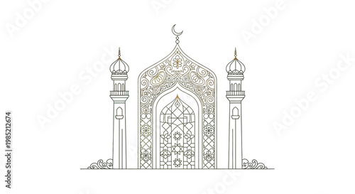 Ornate Mosque Entrance with Minarets Illustration.