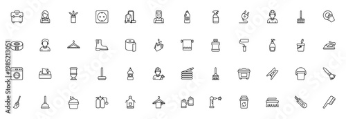 Housekeeping icon set. Vector toolkit symbols for cleaning, repair, and maintenance. Includes toolbox, vacuum, plunger, mop, gloves, detergent, worker and more. Editable stroke.