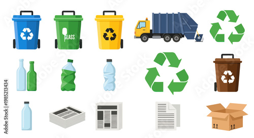 Recycling Collection: Bins, Truck, Glass Bottles, Plastic, Paper, Cardboard Box
