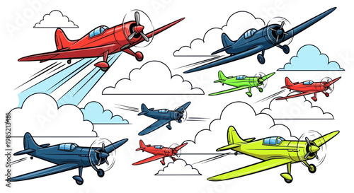 Vintage Airplanes Flying in Formation Through Clouds, Retro Aviation Art