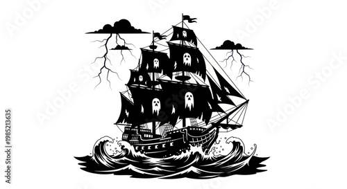 Ghost Ship Sailing Through Stormy Seas with Lightning