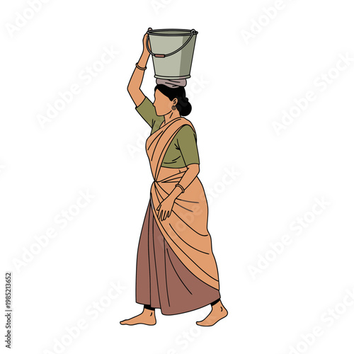 Indian Woman Carrying Water Bucket on Head, Traditional Saree, Daily Life