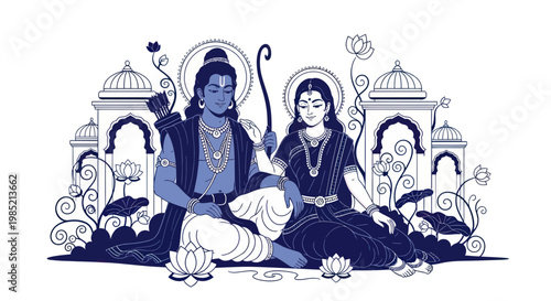 Lord Rama and Sita, Hindu deities, seated with lotus flowers and ornate architecture