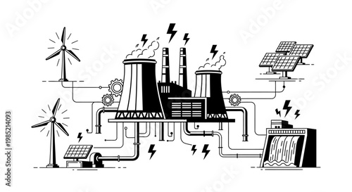 Energy power plant and renewable energy resources illustration. Industrial factory with wind turbines, solar panels, and hydroelectric dam.