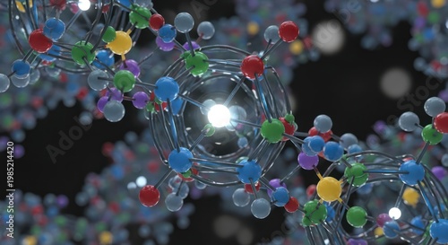 Molecular structure with colorful atoms.