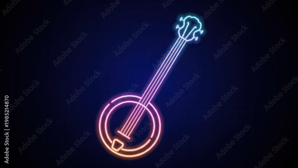 Naklejka premium Glowing neon banjo instrument on dark background, illuminated music icon, vibrant electric glow