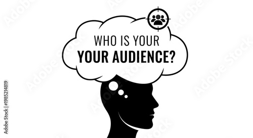 Target audience identification concept. Human head silhouette with thought bubble and target market icon.
