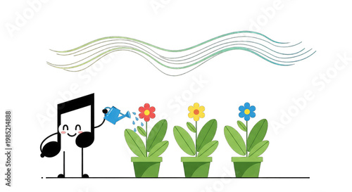 Musical Note Watering Flowers, Growing Music Concept