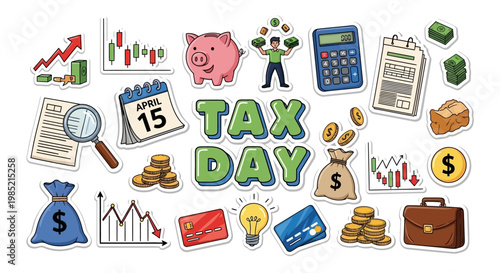 Flat lay of financial icons and a calendar marked for April 15, visually representing the tax payment deadline and tax filing day, set against a clean white background with soft, diffused