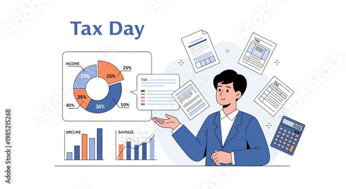 A stylized vector illustration shows a man gesturing toward charts, forms, and a calculator, symbolizing tax preparation and financial responsibility against a clean white background