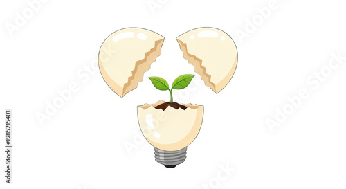 New Idea Sprouting: Plant Growing from Broken Lightbulb Eggshell