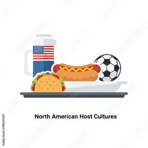 Minimalist flat lay of a tray containing a taco, a hot dog, and a soccer ball icon, representing North American host cultures, clean white background, minimalist flat vector artwork, clipart