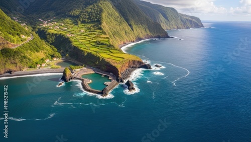 Aerial view of ocean coastline.
