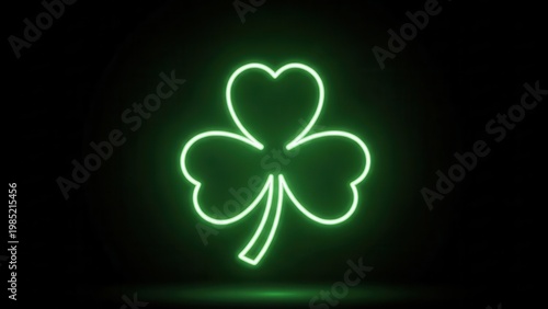 Vibrant green neon shamrock glowing brightly in the darkness, symbolizing luck and Irish culture