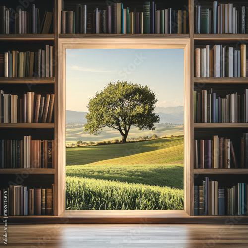 Framed landscape with a large green tree in rolling fields, flanked by tall wooden bookshelves filled with diverse books
