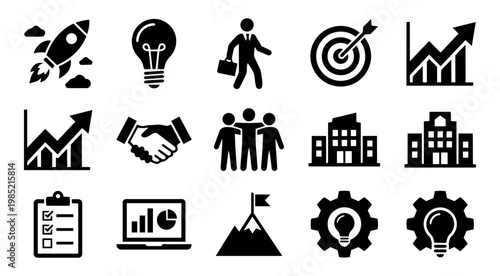 Startup Icon Set Business Launch Entrepreneurship Growth Silhouette Collection