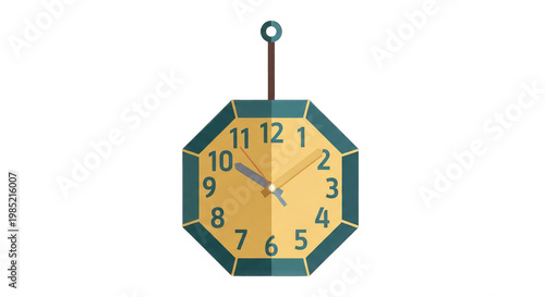 Octagonal Wall Clock with Yellow Face and Dark Blue Frame, Hanging on a String