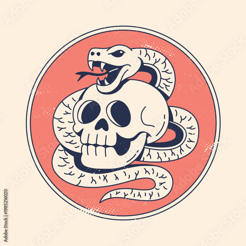 Snake and Skull Vintage Badge – Minimalist Tattoo Style Vector Illustration