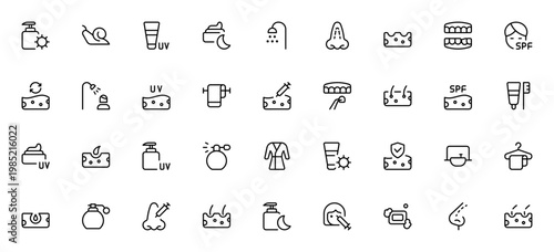 Bodycare icon set. Skincare vector collection. Includes sun cream, snail, shower, skin, injection, fragrance, hair, soap and more. Editable thin line icons.