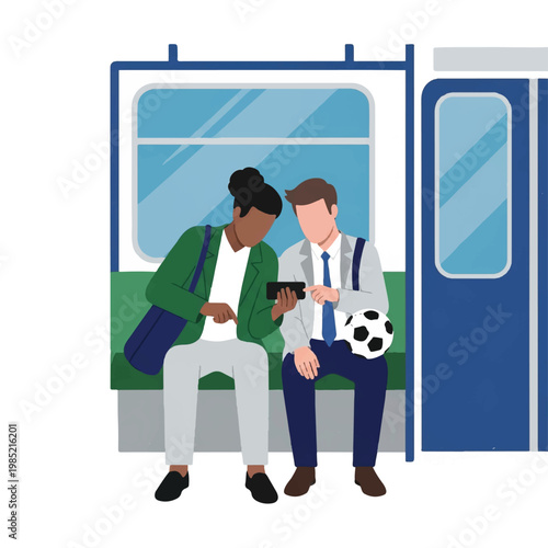 Two diverse office workers on a subway train looking intently at a single smartphone screen together, one holding a soccer ball. Clean urban transit aesthetic. Palette: Steel blue, light grey,