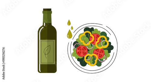 Olive oil bottle and fresh salad with vegetables, healthy eating concept illustration