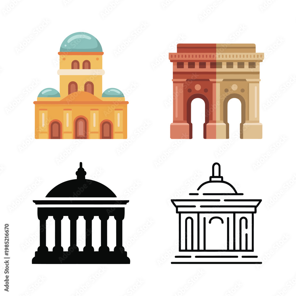 Obraz premium Historic landmark icons, domed pavilion and triumph arch, city tourism poster, culture week branding, sightseeing map elements, vector illustration set