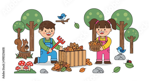 A boy and girl work together in a park, raking autumn leaves into a wooden bin surrounded by friendly forest animals and lush green trees.