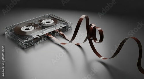 Unspooled cassette tape on surface.