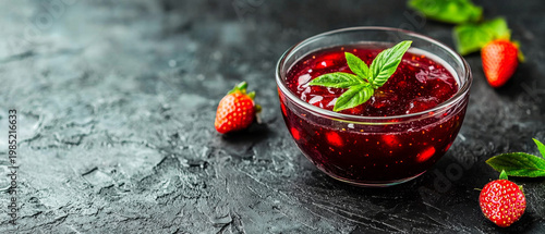 Glass bowl of vibrant strawberry jam topped with fresh mint, surrounded by whole strawberries on a dark, textured background