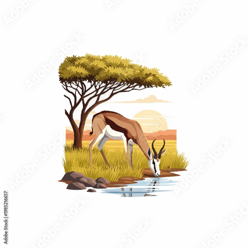 Detailed illustration of an African springbok gazelle drinking from a waterhole in a savanna landscape featuring an acacia tree, tall dry grass, and a setting sun background.