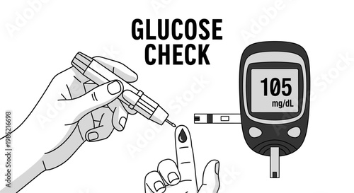 Blood glucose check illustration. Hand using lancet pen on finger with glucometer device.