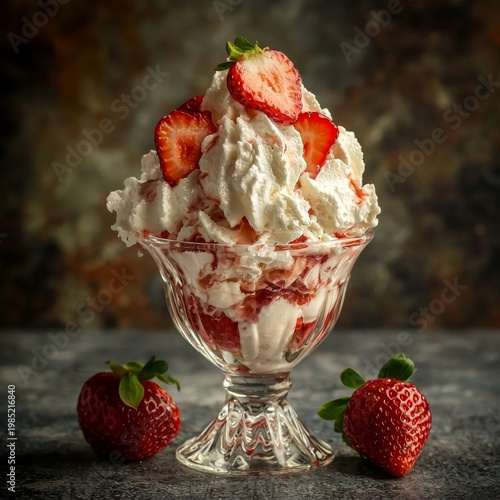Glass sundae dish with layered strawberry and whipped cream dessert, garnished with fresh slices Two whole strawberries nearby