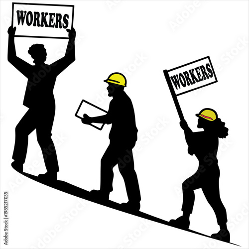 Three workers united in solidarity during a labor demonstration with signs and safety gear.