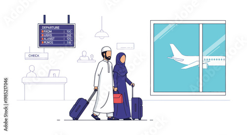 Muslim Couple Traveling by Airplane, Airport Departure Board, Modern Lifestyle