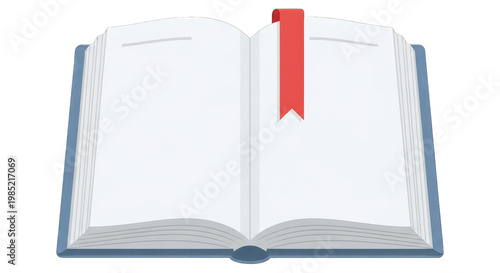 Open Blank Book with Red Bookmark, White Pages, Blue Cover, Isolated on White Background