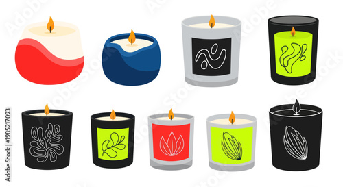 Set of Various Scented Candles with Decorative Labels, Isolated on White