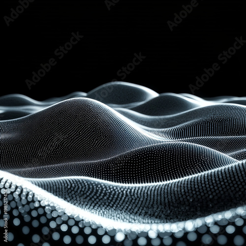 Glowing white particles form a vast, undulating dark surface, creating an abstract digital wave pattern or futuristic data visualization