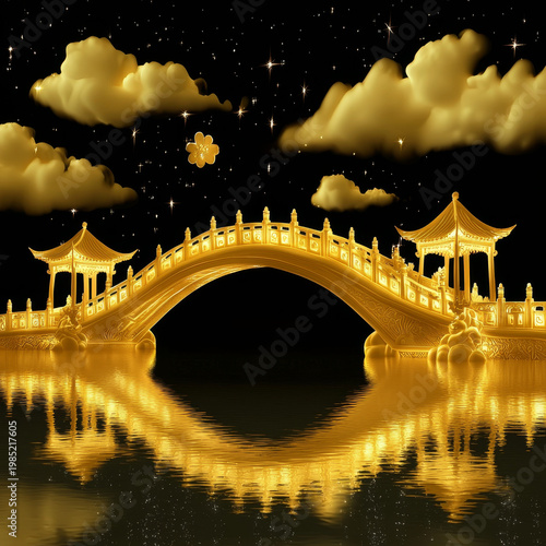 Golden arched bridge with pavilions reflects on water under a starry night sky with golden clouds and a floating flower