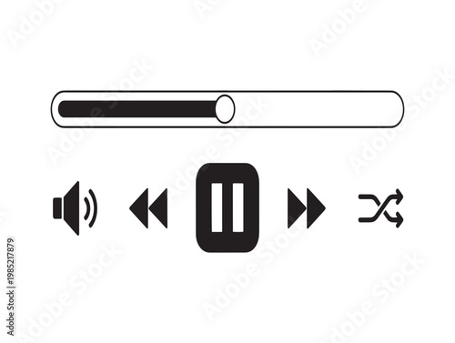 Black and white media player controls icon set for audio and video playback