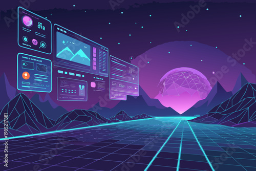 Neon Virtual Landscape With Floating ui Panels Abo