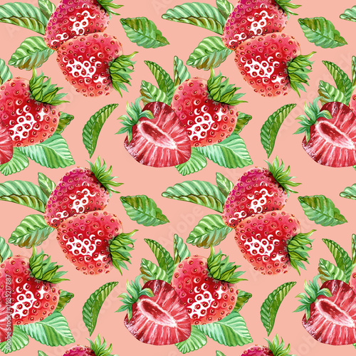 An attractive, elegant seamless pattern with red strawberries and a green leaf. Juicy, ripe berries create a beautiful endless pattern for fabric or food packaging. Hand drawn watercolor illustration
