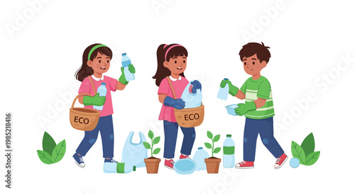 Three children are actively participating in an environmental cleanup by picking up plastic bottles and waste to place in eco-friendly baskets.