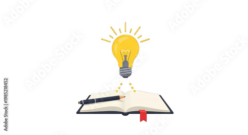 Open Book with Glowing Light Bulb and Pen - Idea Generation, Inspiration, Knowledge