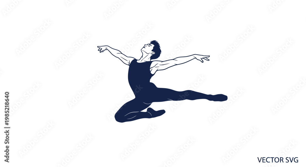 Fototapeta premium Elegant Male Ballet Dancer Leaping Gracefully in Dark Blue Leotard