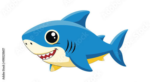 Cute Cartoon Blue Shark Character, Friendly Ocean Animal Illustration, White Background