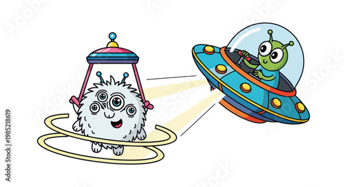 Cute cartoon alien in UFO abducting fuzzy monster with multiple eyes