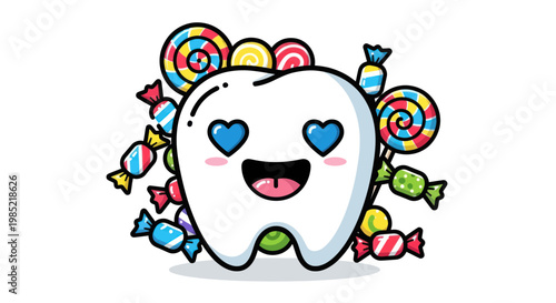 Cute Tooth Character Surrounded by Colorful Candies and Lollipops