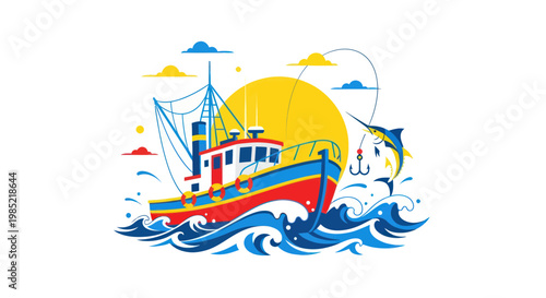 Fishing boat catches marlin on sunny day, vibrant illustration