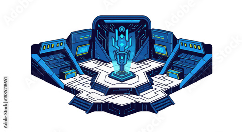 Futuristic Sci-Fi Command Center with Holographic Display and Blue Neon Lights