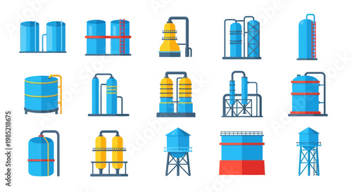 Industrial Storage Tanks and Chemical Plants Vector Icons Set